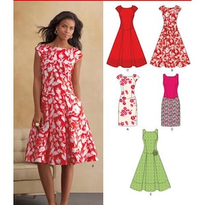 May include: New Look 6094 sewing pattern envelope featuring a red and white floral dress with cap sleeves and a full skirt. The illustration displays five dress variations including solid red, floral, and polka dot patterns in various cuts.
