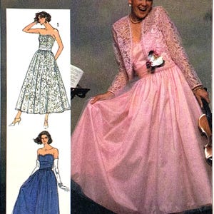 Peut inclure: Illustration de mode vintage avec une femme en robe rose et veste en dentelle, tenant un violon. L'image comprend également des illustrations de deux autres robes bustier, une à motifs floraux et l'autre bleue.