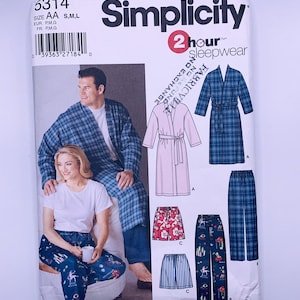 Simplicity 5314 Cartamodello per pigiama unisex, pantaloni da pigiama da uomo e da donna, pantaloncini e vestaglia. TAGLIO MEDIO