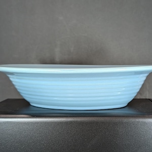 May include: A light blue ceramic bowl with a ribbed design. The bowl has a wide, shallow shape and a slightly flared rim. The bowl is sitting on a dark surface against a gray background.