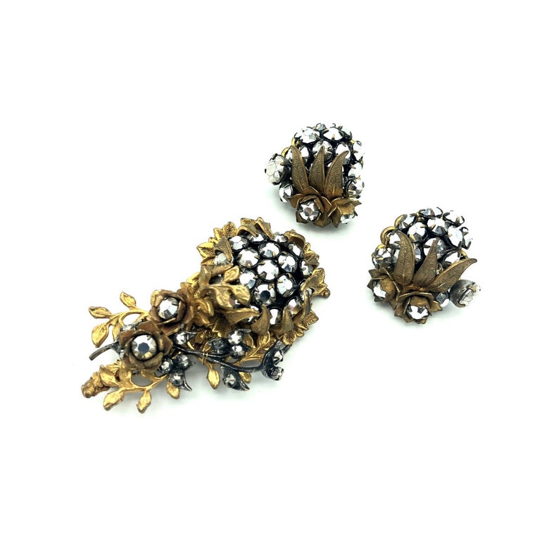 Miriam Haskell Brooch Earring Jewelry Set Classic Haskell Art Deco Ornate /& Feminine Floral Prong Set Hematite Rhinestones Signed Set