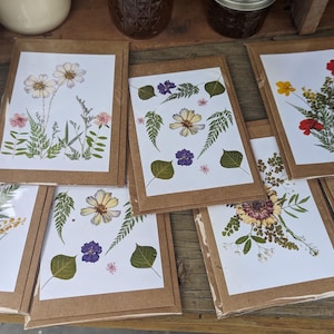 May include: Eight handmade cards with pressed flowers and greenery. The cards are brown with white paper inserts. The flowers include white, yellow, red, and purple.