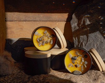 Vela de cera de abeja de labradorita en lata negra: vela de cristal de intuición, vela ritual de viaje, regalo de protección energética