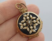 Vintage CORO Victorian Revival Locket Necklace Picture Pendant Pocket Watch Style Gold Plate Faux Pearl Black Enamel Women Jewelry Jewellery