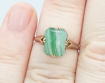 Antique Art Deco 9ct Rose Gold Faux Moss Agate Ring Solid 9k 375 Square Cabochon Vintage Womens Stacker Jewelry Jewellery UKL US5.75