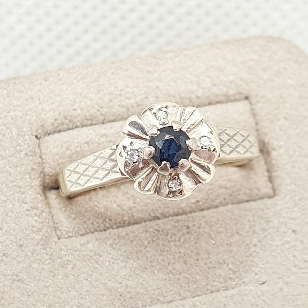 Old Vintage Diamond & Sapphire White Gold Ring Solid 9ct 9k 375 Cluster 1950s Halo Gemstone Fine Estate Genuine Womens Jewelry Jewellery