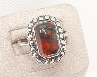 Antique Sterling Silver Moss Agate Ring Art Deco Marcasite Cluster 1920s Gemstone Cocktail Statement Quartz Halo Womens Jewellery Jewelry