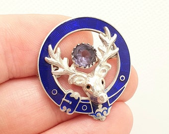 Antique Sterling Silver Stag Brooch Blue Enamel 1915 Hallmark Buckle Amethyst Paste Adie Lovekin Scottish Deer Vintage Jewelry Jewellery