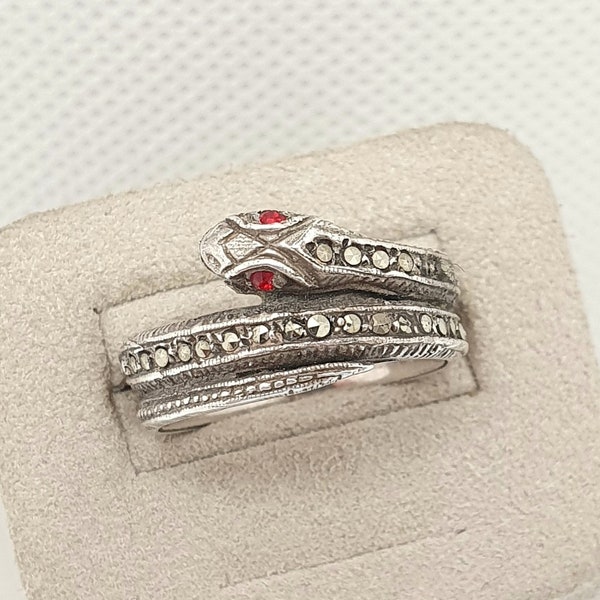Antique Victorian Solid Silver Snake Ring Ruby Paste Marcasite Gemstone Eternal Love Genuine 1800s Vintage Womens Mens Jewelry Jewellery