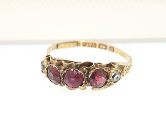 Antique Victorian 9ct Gold Ruby Paste Ring 1875 Hallmark Solid 375 Diamond Paste 1800s Engraved Trilogy Womens Vintage Jewelry Jewellery