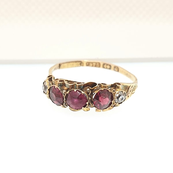 Antique Victorian 9ct Gold Ruby Paste Ring 1875 Hallmark Solid 375 Diamond Paste 1800s Engraved Trilogy Womens Vintage Jewelry Jewellery