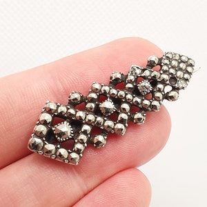 Antique Art Deco Solid Silver Brooch Marcasite Geometric Tilted Square 1920s Sparkly Vintage Gemstone Womens Ladies Jewelry Jewellery