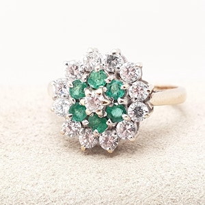 Vintage 9k Gold Emerald Ring Cluster CZ Cubic Zirconia Solid 9ct 375 Hallmarked Estate Fine Jewelry Jewellery Womans Retro Genuine Real