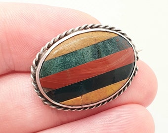 Antique Victorian Solid Silver Striped Jasper Brooch Rainbow Agate Bloodstone Lined Quartz Red 1800s Womens Jewelry Jewellery Old Vintage