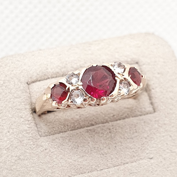 Vintage 9ct Gold Garnet Gypsy Ring White Spinel Solid 9k 375 Yellow Sparkly Pyrope Gemstone Stacker Womens Jewelry Jewellery