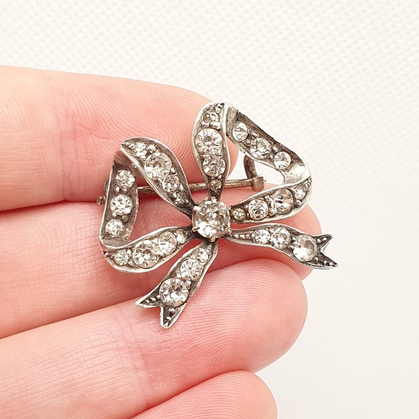 Antique Victorian Paste Solid Silver Bow Brooch Diamond Pastes Ribbon Foiled Sparkly Rare Fine Estate 1800s Womens Jewelry Jewellery Vintage