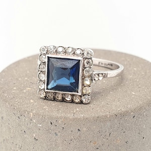 Antique Sterling Silver Sapphire Paste Ring SCP Ciro Diamond Pastes Square Signet Art Deco 1920s Vintage Ladies Womens Jewelry Jewellery
