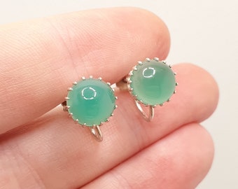 Antique Art Deco Chrysoprase Earrings Solid Silver Cabochon 1920s Vintage Screw Back Green Gemstone Womens Fine Rare Jewelry Jewellery