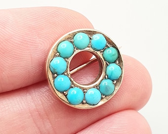 Spilla vittoriana antica in oro 9 carati con turchese, cerchio infinito, ciambella, polo, pietre preziose naturali, alone, gioielli vintage, gioielli vintage