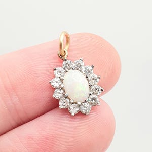 Vintage 9k 9ct 375 Gold Opal Necklace Pendant CZ Cluster Halo White Oval Gemstone Solid Yellow 9 Carat Retro Ladies Womens Jewelry Jewellery