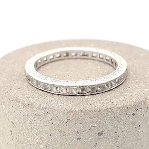 Antique Art Deco Sterling Silver Diamond Paste Eternity Ring 1920s Full Channel Square Cut Engarved Vintage Ladies Womens Jewelry Jewellery