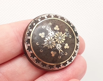 Antique Victorian Pique Brooch Flower Gold & Silver Inlay Dome Shield Round Circle 1800s Vintage Women Ladies Jewelry Jewellery