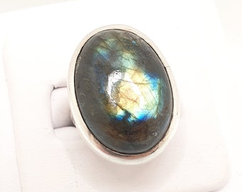 Vintage Sterling Silver Labradorite Ring Moonstone Large Big Signet 1996 Hallmark Cabochon Gemstone 925 Jewellery Womens Jewelry UKM US6.25