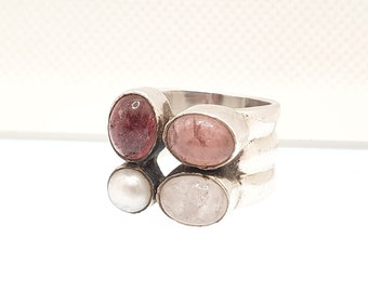 Vintage Sterling Silver Garnet Ring Rose Quartz Cultured Pearl Chunky Abstract Genuine Gemstone Solid 925 Womens Girls Jewellry Jewelry