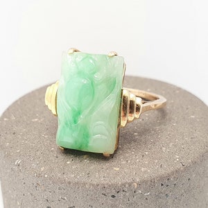 Antique Art Deco 9ct 9kt Gold Carved Jade Ring Apple Green Jadeite Signet Solid 375 9k 1920s Cameo Vintage Womens Jewelry Jewellery