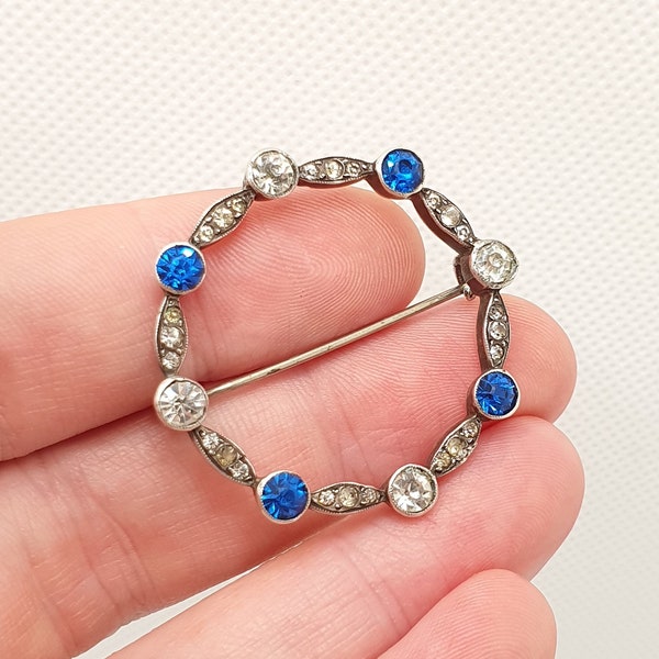 Antique Solid Silver Sapphire Paste Brooch Diamond Pastes Art Deco Wreath Style Ornate Scroll Sparkly Vintage Womens Jewelry Jewellery