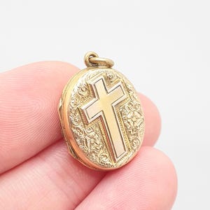 Antique Victorian 9ct 9k Gold Locket Crucifix Cross Necklace Pendant Solid Back & Front Oval Small  Picture Womens Jewelry Jewellery
