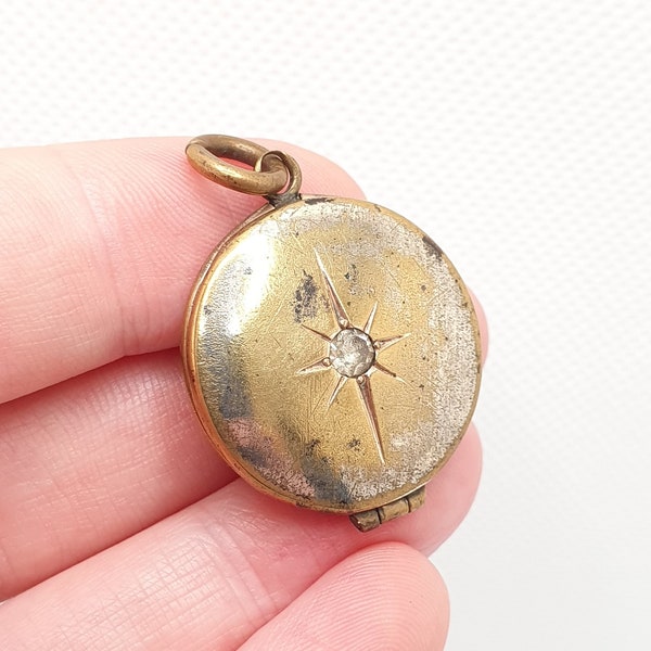 Antique Victorian Gold Tone Diamond Paste Locket Necklace Star Large Round Pendant Vintage 1800s Big Womens Ladies Jewellery Jewelry