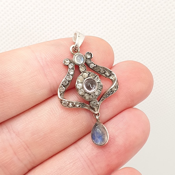 Antique Solid Silver Moonstone Necklace Pendant Diamond Paste Edwardian Amethyst Rare Fine Gemstone Adularescence Womens Jewelry Jewellery