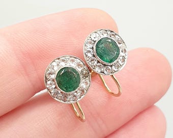 Antique 9k 9ct Gold Emerald Earrings White Sapphire Cluster Halo Solid Silver Set Solid 9kt Vintage Jewellery Jewelry