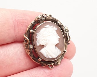 Antieke Victoriaanse cameo broche gerold goud gevuld blad knoop grens kleine jaren 1800 fijne handgesneden schelp vintage dames sieraden sieraden