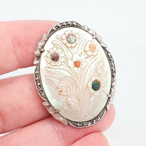 Antike Massiv Silber Cameo Brosche Perlmutt Bunt Muschel Art Deco Markasit Blume Groß Weiß Damen Schmuck