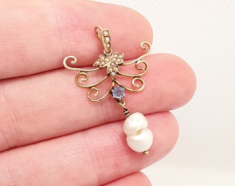 Antique 14k Gold Sapphire Pearl Pendant Edwardian Solid 14kt 585 Cornflower Seed Pearls Necklace Leaf Blue Vintage Jewellery Jewelry