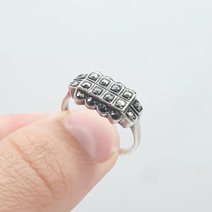 Antique Art Deco Sterling Silver Marcasite Ring Rectangular Geometric Cocktail Flapper Jewellery Womens UK Q US 8.25