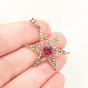 Antique 9ct Gold Star Pendant Garnet Seed Pearl Necklace Solid 9k 375 Edwardian Hanging Openwork 1800s Vintage Womens Jewellery Jewelry