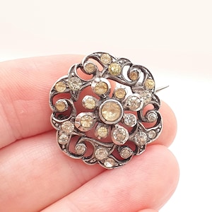 Antique Victorian Solid Silver Diamond Paste Brooch Spiral Scroll Old Cut German 1800s Sparkly Foiled Glass Womens Jewellery Jewelry