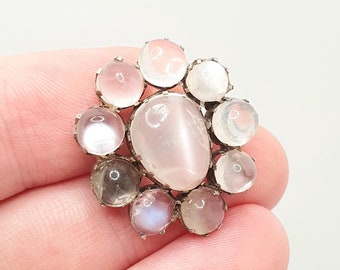 Antique Moonstone Solid Silver Brooch Cluster Halo Victorian Cabochon Cut Handmade Vintage Blue Adularescence Womens Jewelry Jewellery