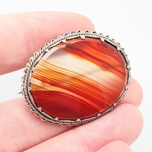 Viktorianische Antike Achat Brosche Massiv Silber Orange Quarz Gestreifte Spitze Banded Chalcedon Große große Oval Seil Schmuck Schmuck Vintage