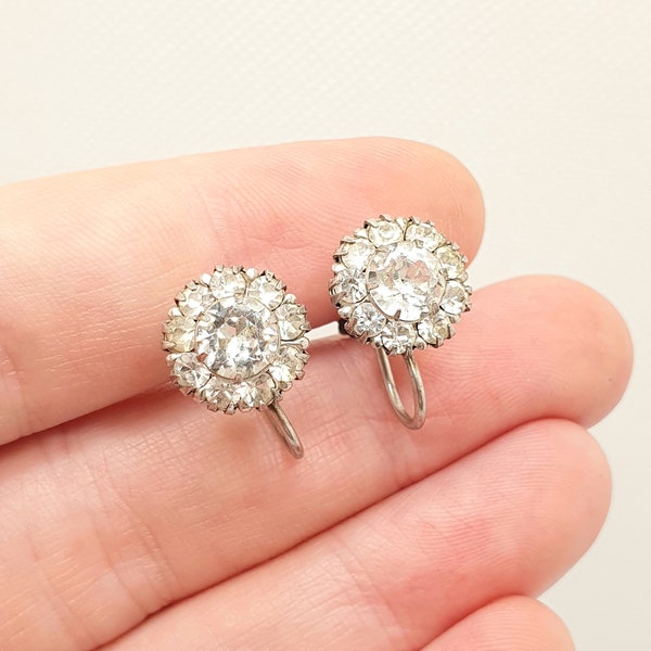 Antique Solid Silver Diamond Paste Earrings Cluster Screw Back Sparkly Foiled Glass Fine Edwardian Vintage Womens Jewelry Jewellery