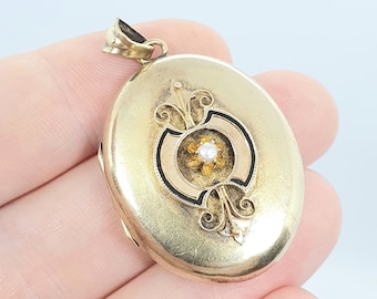 Antique Victorian 15ct Gold Locket Pearl Solid 15k 625 Enamel Pendant Necklace Vintage 1800s Ornate Estate Womens Ladies Jewelry Jewellery