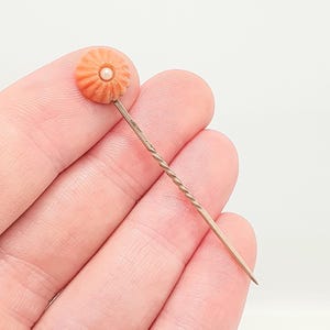 Antique Victorian 9ct Gold Coral Stick Pin Solid 375 9k Seed Pearl Hand Carved Lapel Genuine Jacket Gents Mens Jewelry Vintage Jewellery