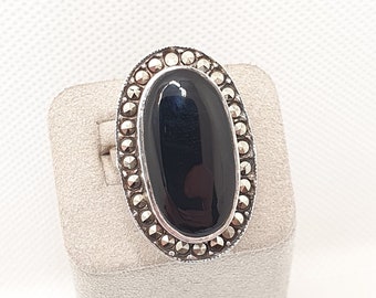 Antique Solid Silver Onyx Ring Art Deco Large Cocktail Statement Marcasite Halo Cluster Vintage 1920s Black Gemstone Women Jewelry Jewellery
