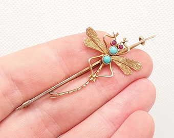 Antique 9ct Gold Dragonfly Brooch Ruby & Turquoise Solid 9k 375 Large Big Genuine Gemstone Vintage Fly Insect Bug Filled Womens Vintage