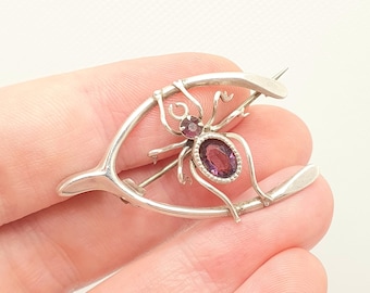 Broche araignée ancienne en argent massif, triangle en pâte d'améthyste, solide 925 araignées porte-bonheur, toile d'araignée porte-bonheur pour femme, bijoux vintage, bijoux