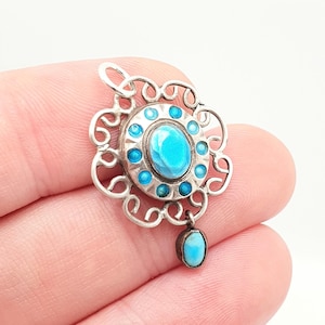 Antique Solid Silver Enamel Pendant Art Nouveau Necklace Sky Blue Champleve Arts and Crafts Flower Shape Hanging Vintage Jewellery Jewelry