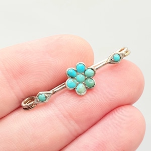 Antique Solid Silver Turquoise Brooch Victorian Bar Pin Flower Cluster Natural Gemstone Cabochon Cyan Womens Jewelry Jewellery Vintage